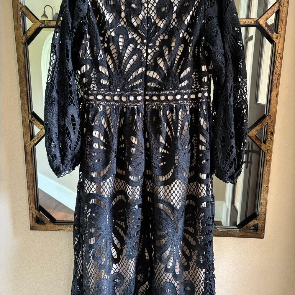 Bohme Black Tan Long Sleeve Mock Neck Cocktail Gown - Picture 5 of 11